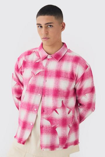 Oversized Boxy Cross Applique Check Shirt pink