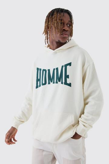 Ecru White Tall Varsity HOMME Print Oversized Hoodie