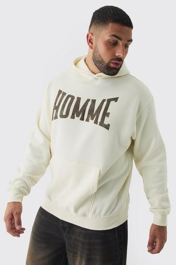 Ecru White Plus Varsity HOMME Print Oversized Hoodie