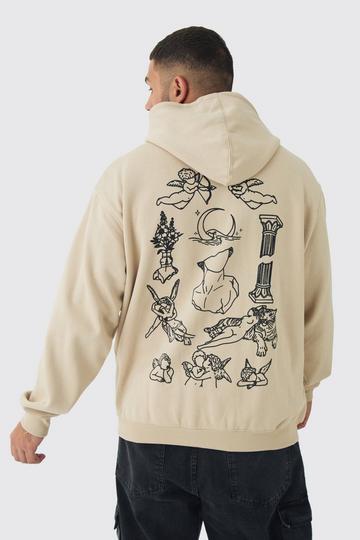 Sand Beige Plus Patchwork Tattoo Print Oversized Hoodie