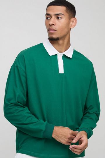 Oversized Boxy Long Sleeve Contrast Polo forest