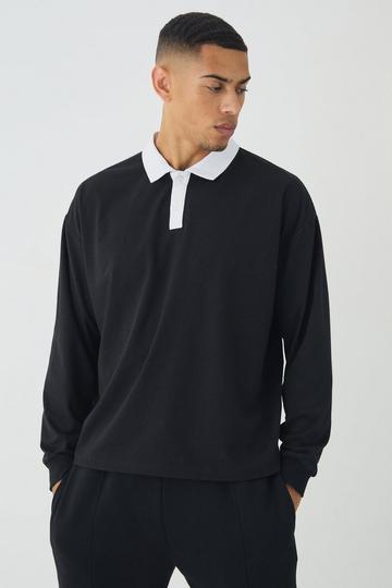 Black Oversized Boxy Long Sleeve Contrast Polo