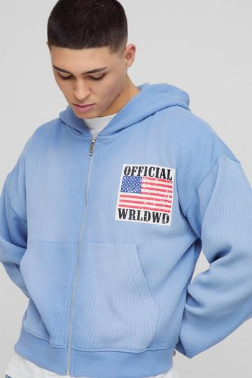 Shrunken Fit Waffle Sun Fade Printed Zip Through Hoodie blue