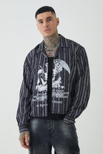 Tall Oversized Cherub Printed Long Sleeve Boxy Revere Shirt black