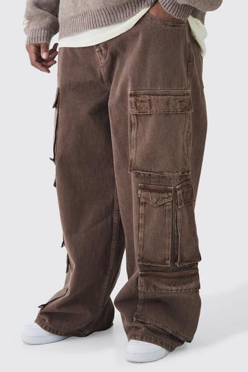 Plus Baggy Fit Washed Multi Pocket Cargo Jeans chocolate