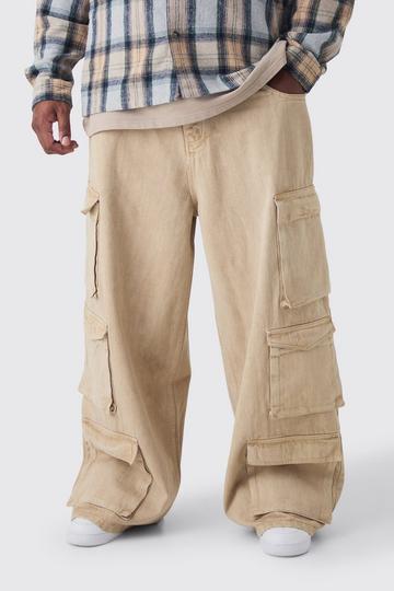 Stone Beige Plus Baggy Fit Washed Multi Pocket Cargo Jeans