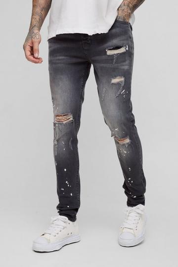 Tall Skinny All Over Ripped Bleached Paint Splatter Jeans grey