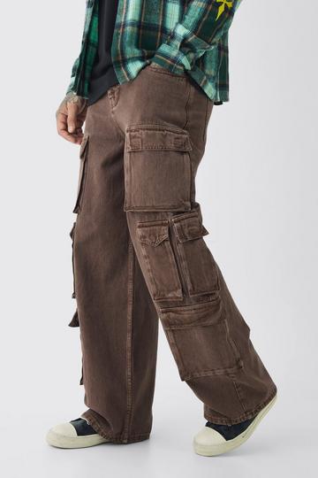 Tall Baggy Fit Washed Multi Pocket Cargo Jeans chocolate