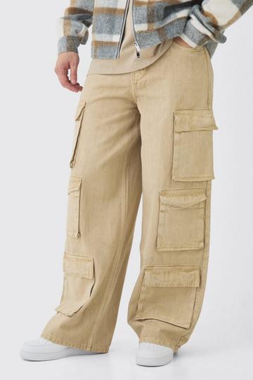 Tall Baggy Fit Washed Multi Pocket Cargo Jeans stone