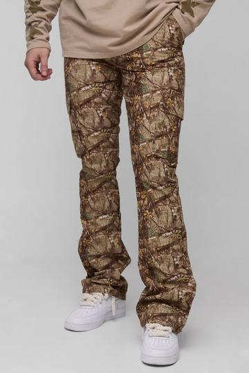 Tall Washed Ripstop Stacked Zip Hem Forest Camo Cargo Trousers khaki