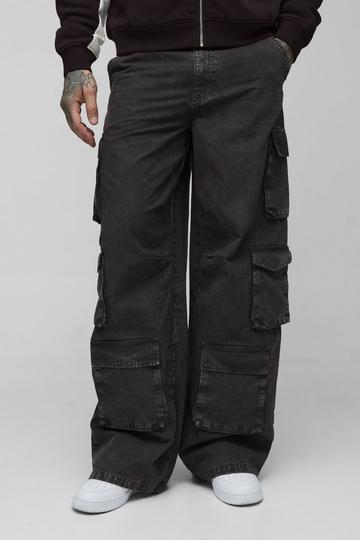 Tall Washed Ripstop Multi Cargo Pocket Baggy Trousers charcoal