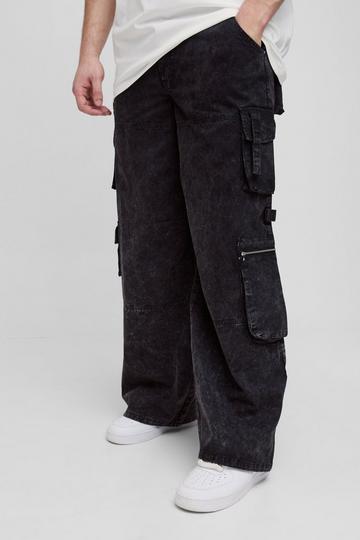 Tall Washed Twill Pleat Knee Multi Pocket Baggy Cargo Trousers black