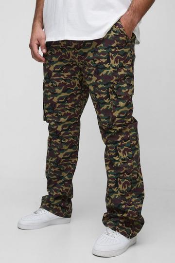 Plus Washed Ripstop Stacked Zip Hem Camo Cargo Trousers khaki