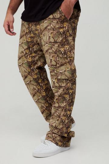 Plus Washed Ripstop Stacked Zip Hem Forest Camo Cargo Trousers khaki