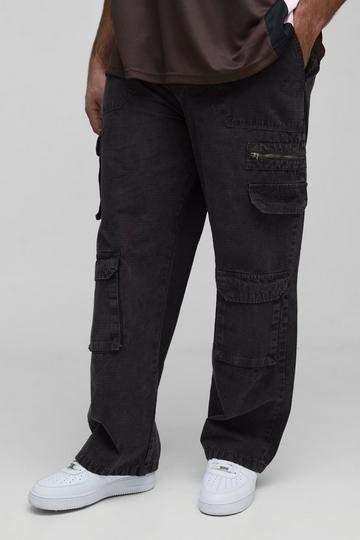 Plus Washed Ripstop Embroidered Relaxed Fit Cargo Trousers charcoal