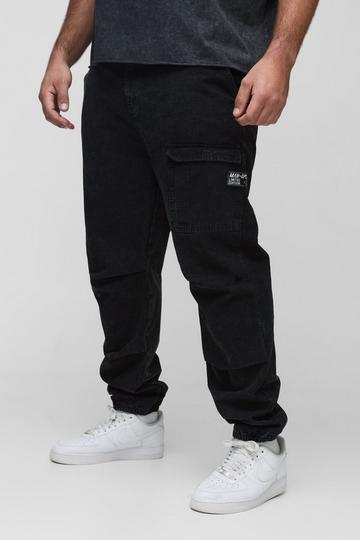 Plus Washed Ripstop Pleat Knee Slim Fit Cargo Trousers black