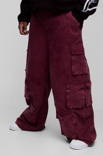 Plus Washed Ripstop Multi Cargo Pocket Baggy Trousers burgundy