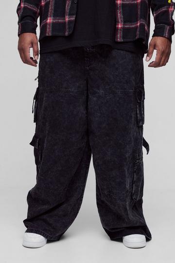 Plus Washed Twill Multi Pocket Baggy Cargo Trousers black