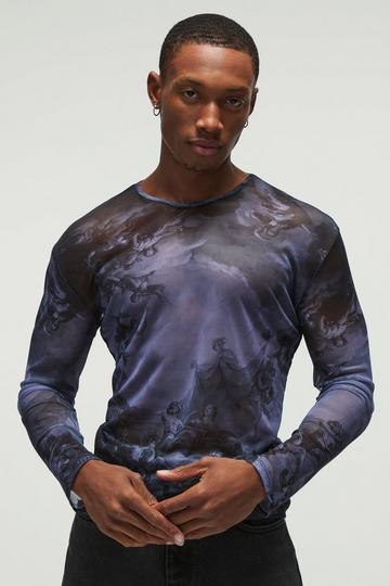 Power Mesh Muscle Fit Renaissance Print Top grey