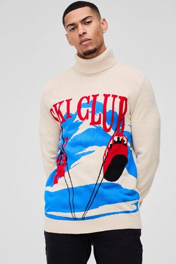 Regular Fit Roll Neck Ski Club Knitted Jumper stone