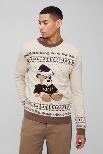 Regular Fit Fairisle Teddy Christmas Jumper taupe