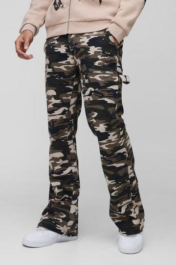 Camo Raw Hem Gusset Carpenter Flared Jeans khaki