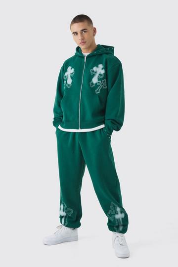 Oversized Boxy Cross Embroidered Zip Through Hooded Tracksuit forest