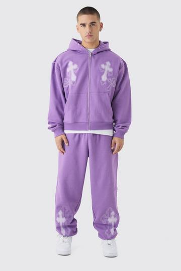 Oversized Boxy Cross Embroidered Zip Through Hooded Tracksuit purple