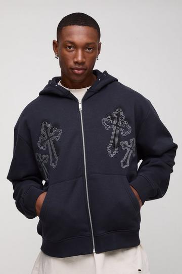 Oversized Boxy Cross Embroidered Zip Through Hoodie black