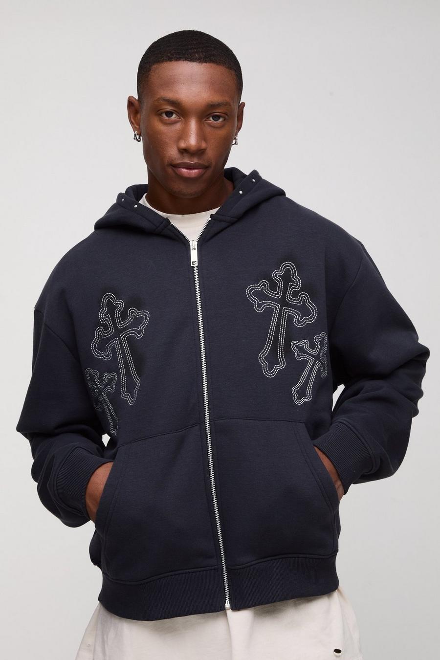 Oversized Boxy Cross Embroidered Zip Through Hoodie | boohoo DK Oversized Boxy Cross Embroidered Zip Through Hoodie | boohoo DK