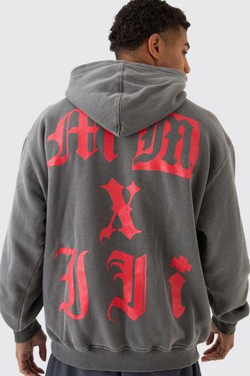 Oversized Gothic MMXIII Printed & Washed Hoodie charcoal