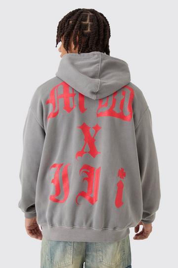 Oversized Gothic MMXIII Printed & Washed Hoodie grey