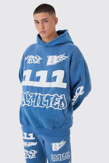 Oversized Boxy Moto Puff Print Wash Hoodie cobalt