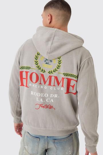 Washed Racing Print Zip Through Hoodie stone