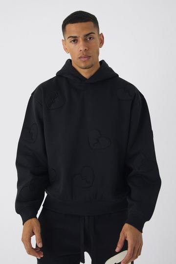 Oversized Boxy All Over Heart Applique Hoodie black