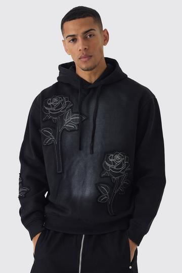 Oversized Spray Wash Rose Applique Hoodie black