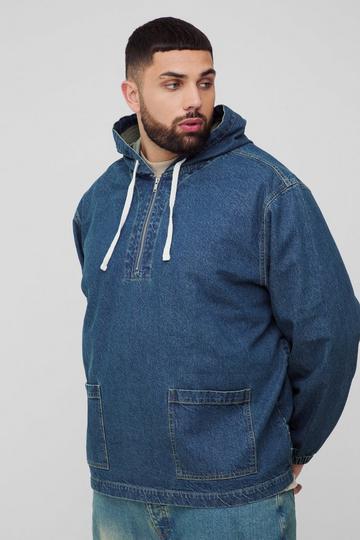 Plus Extended Drawcord Denim Hoodie mid wash