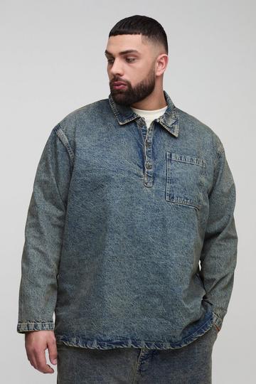 Plus Oversized Denim Rugby Shirt antique wash