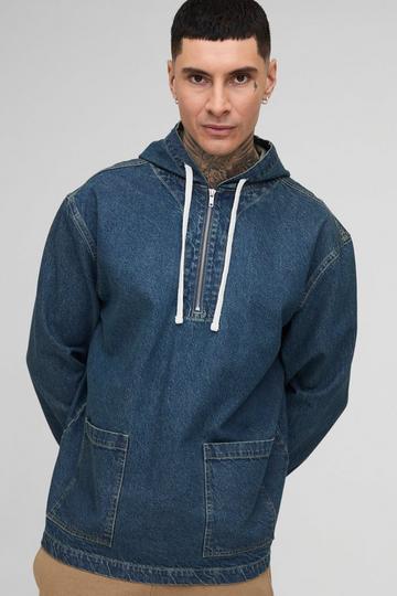 Tall Extended Drawcord Denim Hoodie mid wash