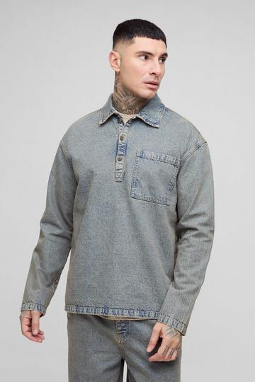 Tall Oversized Denim Rugby Shirt antique wash