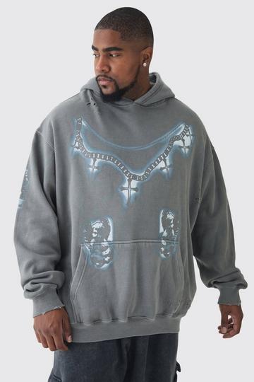 Plus Cross Print Oversized Distressed Washed Hoodie in Charcoal charcoal