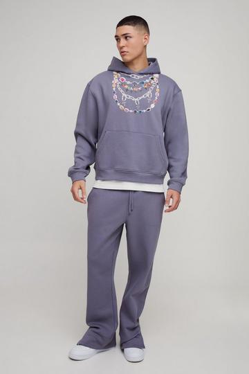 Oversized Boxy Jewelled Chain Printed Hooded Tracksuit purple