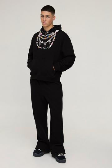 Black Oversized Boxy Jewelled Chain Printed Hooded Tracksuit