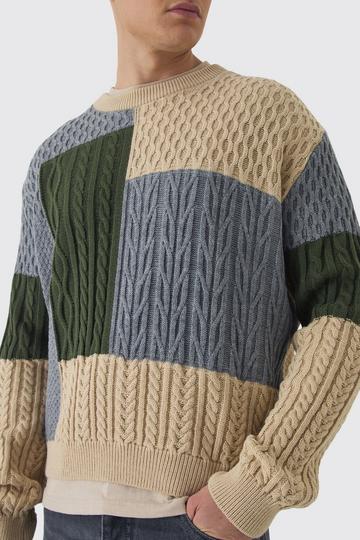 Boxy Patchwork Cable Knitted Jumper stone