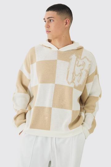 Ecru White Oversized Boxy Jacquard 13 Checkered Knitted Hoodie