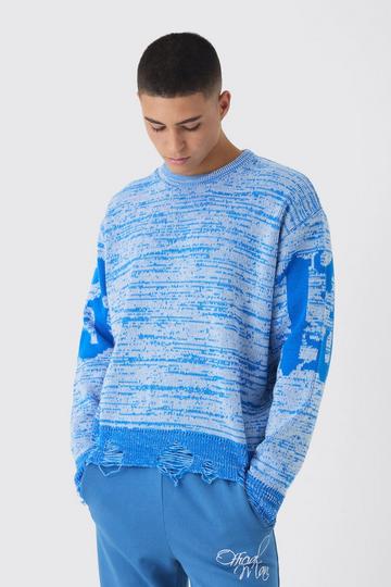 Boxy Distressed Hem Cross Graphic Knitted Jumper blue