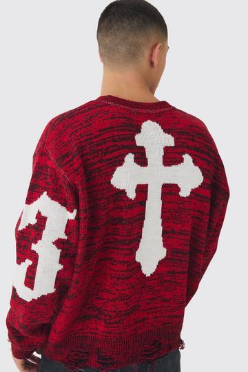 Red Boxy Distressed Hem Cross Graphic Knitted Jumper