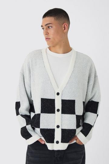 Oversized Fisherman Rib Boucle Checkered Knitted Cardigan ecru