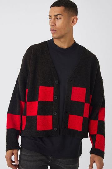 Oversized Fisherman Rib Boucle Checkered Knitted Cardigan black