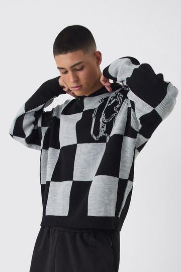 Oversized Boxy Jacquard 13 Checkered Knitted Hoodie black